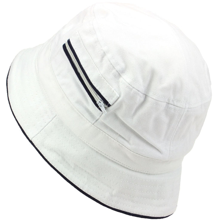 Bucket Hat with Contrast Trim and Zip Pockets - White