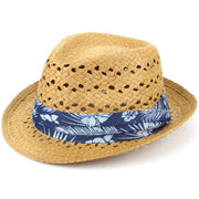 Straw Trilby Fedora Hat with Hibiscus Floral Band - Brown