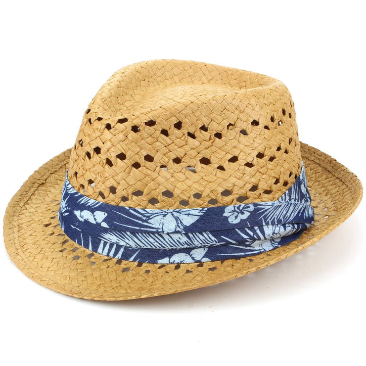 Straw Trilby Fedora Hat with Hibiscus Floral Band - Brown