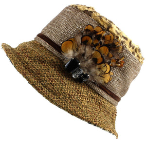 Chapeau cloche en tissu mélangé pour femme avec couronne à imprimé léopard