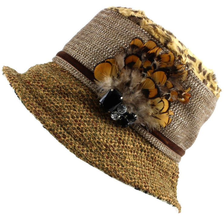 Ladies Mixed Fabric Cloche Hat with Leopard Print Crown
