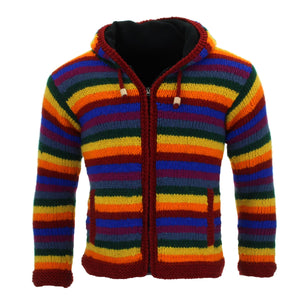 Håndstrikket uld hættejakke cardigan - stribet regnbue rød strik trim