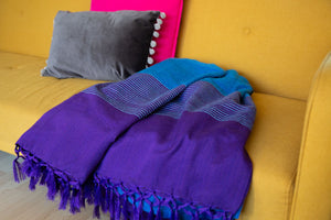 Striped Cotton Blanket With Tassel Edging - Cobalt