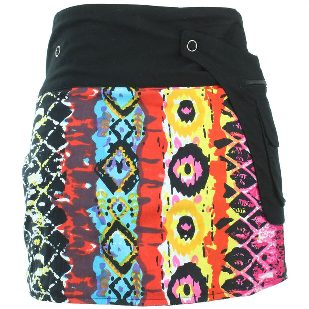 Reversible Popper Wrap Mini Skirt - Multi Patch Strips / Psychedelic Snakeskin