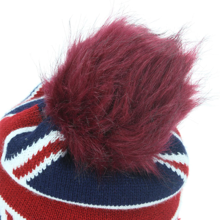 Union Jack Bobble Beanie Hat with Faux Fur Bobble - Red
