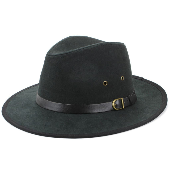 Suede Effect Fedora Hat with Leather Band - Black