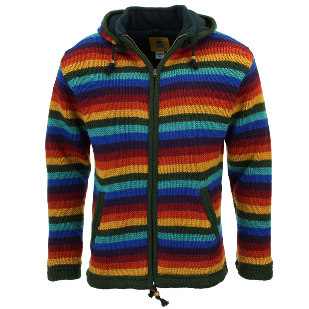 Hand Knitted Wool Hooded Jacket Cardigan - Stripe Dark Rainbow