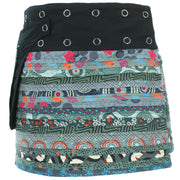 Reversible Popper Wrap Mini Skirt - Grey Patch Strips / Spiral Garden