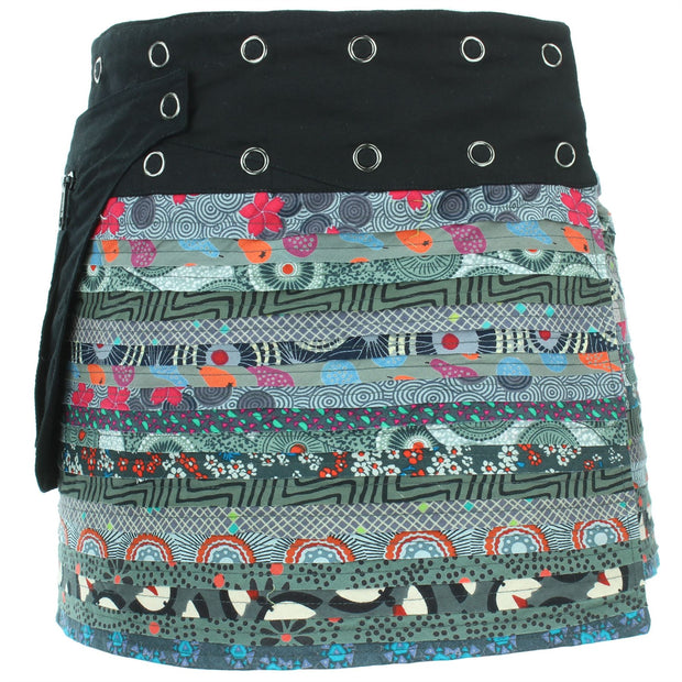 Reversible Popper Wrap Mini Skirt - Grey Patch Strips / Spiral Garden