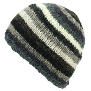 Wool Knit Beanie Hat - Stripe Greys