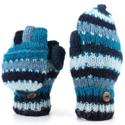 Chunky Wool Knit Fingerless Shooter Gloves - Stripe - Blue