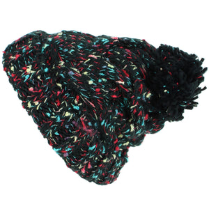Chunky Knit Colourful Fleck Bobble Beanie Hat - Black