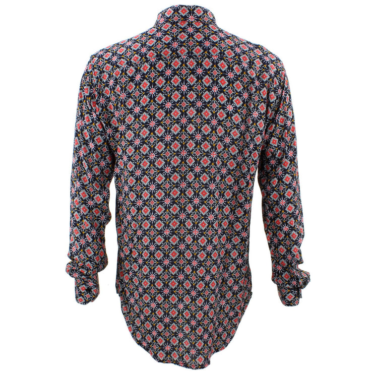 Tailored Fit Long Sleeve Shirt - Red & Grey Abstract on Black