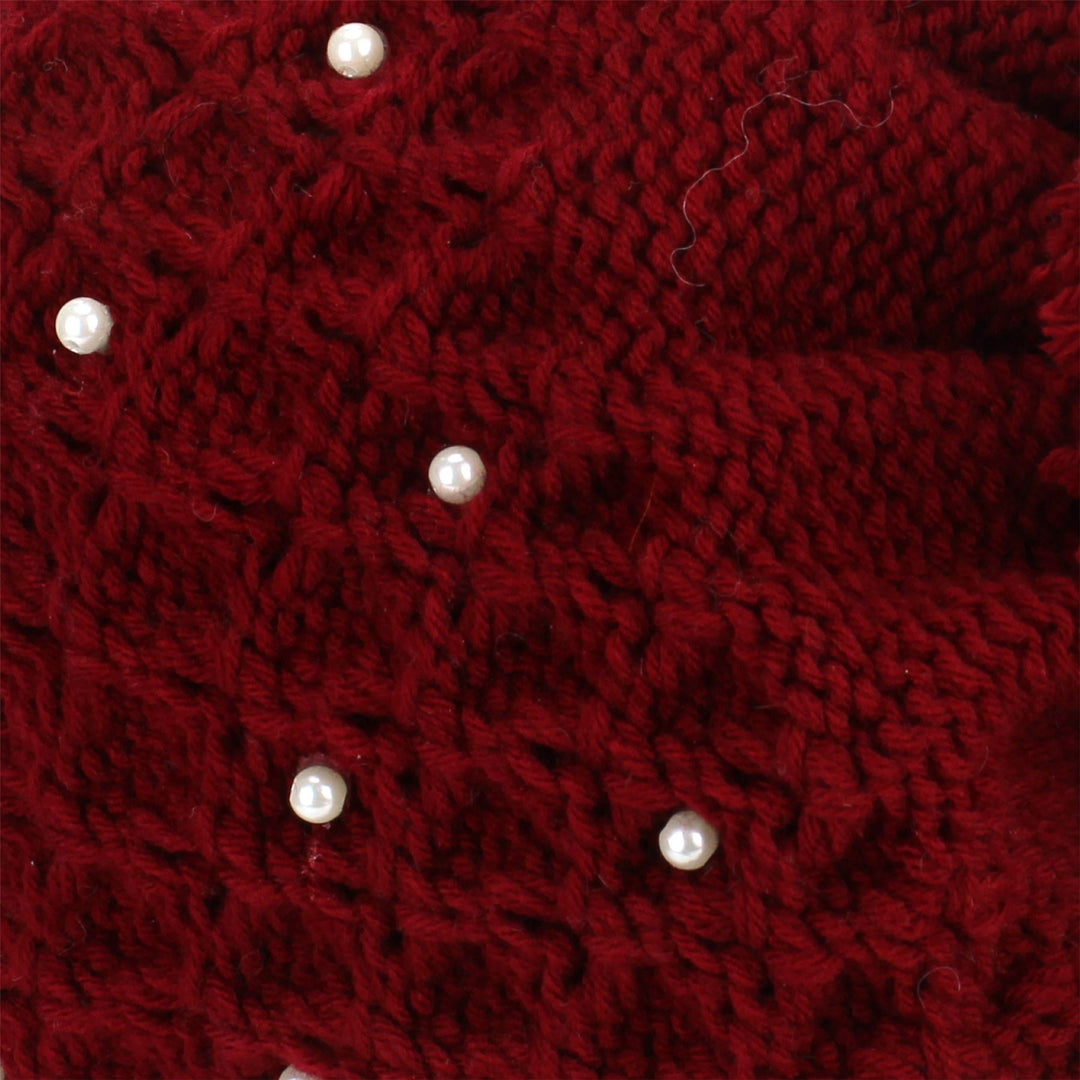 Pearl Lattice Bobble Beanie Hat - Red