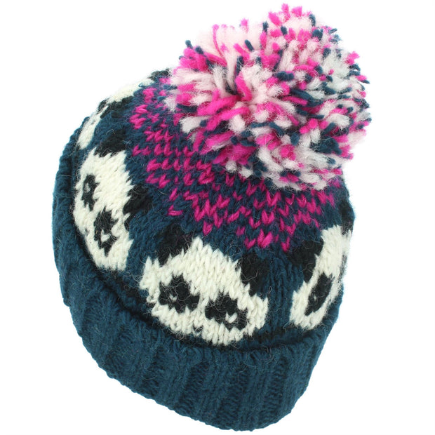 Wool Knit Bobble Beanie Hat - Panda - Teal Pink