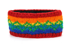 Bandeau en laine tricoté à la main - zigzag arc-en-ciel