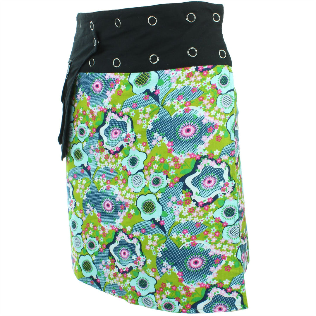 Jupe portefeuille a boutons pression reversible longueur genou bandes patch vertes floral Louelephant