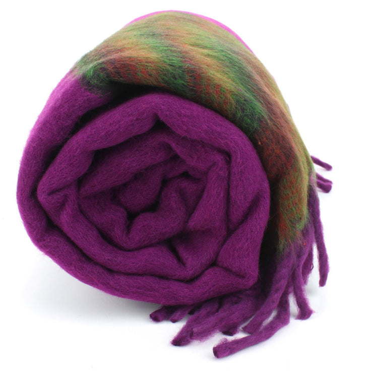 Tibetan Wool Blend Shawl Blanket - Purple with Green & Red Reverse