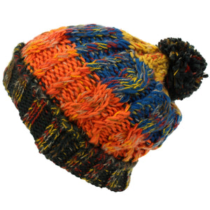 Two Tone Cable Knit Beanie Hat with Bobble - Orange