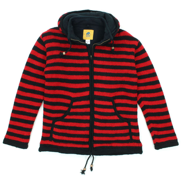 Hand Knitted Wool Hooded Jacket Cardigan - Stripe Red Black