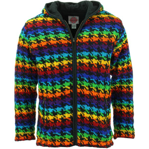 Wool Knit Hooded Cardigan Jacket - Rainbow Houndstooth