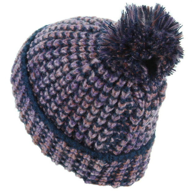 Chunky Knit Beanie Bobble Hat - Purple & Navy