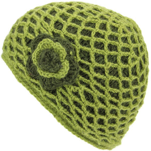 Damen Wollstrick-Häkelmütze mit Gittermuster und Blume – Grün