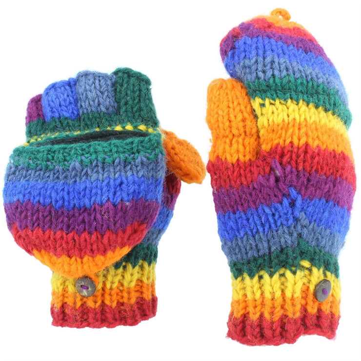 Chunky Wool Knit Fingerless Shooter Gloves - Stripe - Rainbow