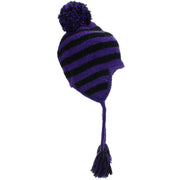 Wool Knit Earflap Bobble Hat - Stripe Purple Black