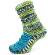 Chunky Wool Knit Slipper Socks - Blue & Green