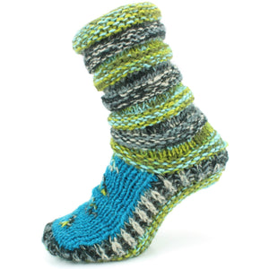 Chaussons chaussettes en grosse laine tricotée - bleu et vert