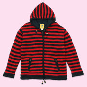 Hand Knitted Wool Hooded Jacket Cardigan - Stripe Red Black