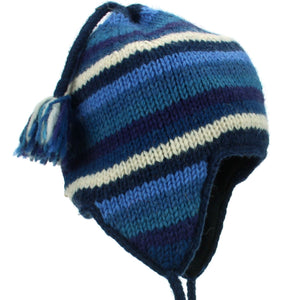 Wool Knit Earflap Tassel Hat - Stripe Blue White