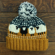 Hand Knitted Wool Beanie Bobble Hat - Sheep - Orange Teal