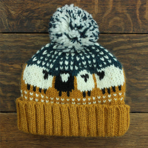 Bonnet en laine tricoté à la main - mouton - sarcelle orange