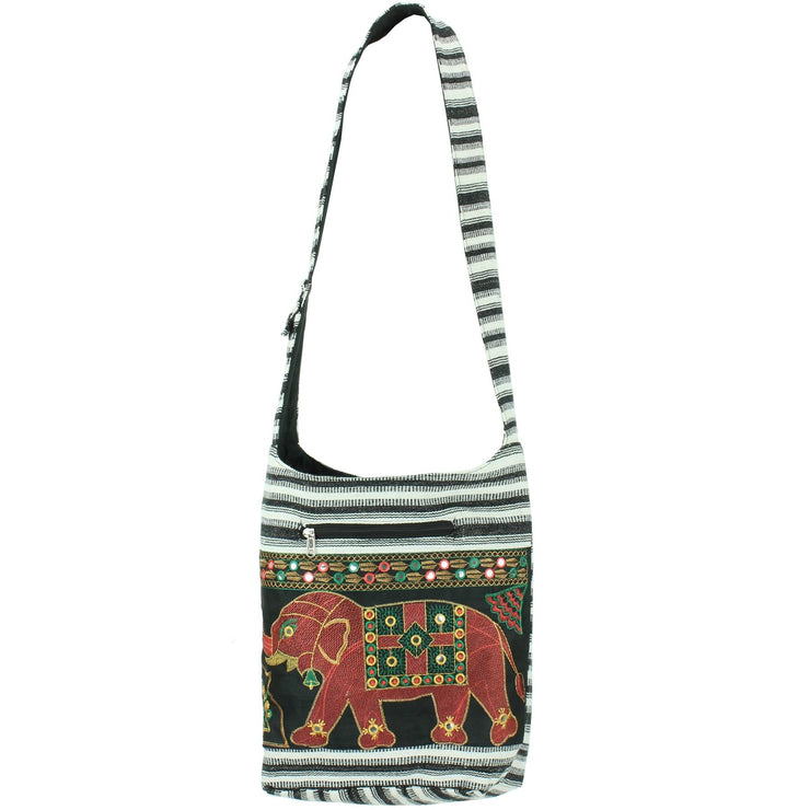 Embroidered Elephant Canvas Sling Shoulder Bag - Black White