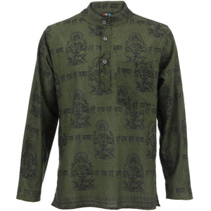 Langærmet 'ganesh' printet nepalesisk kurta grandad skjorte - grøn