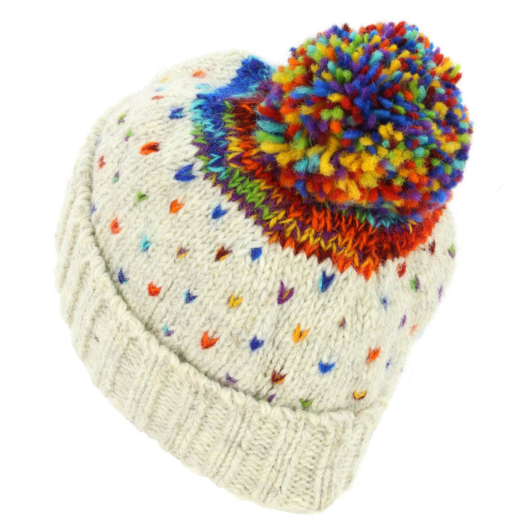 Hand Knitted Wool Beanie Bobble Hat - Tik Tik Cream