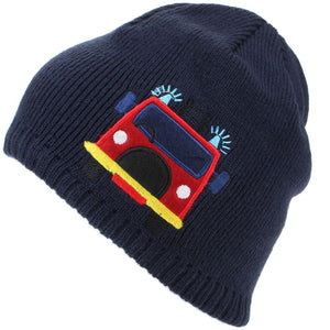 Childrens Fine Knit Beanie Hat with Embroidered Fire Engine - Navy