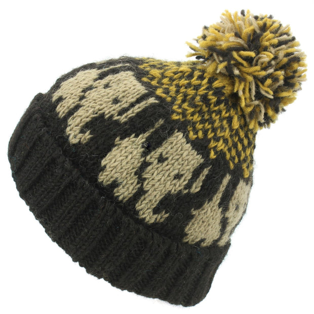 Wool Knit Bobble Beanie Hat - Elephant - Brown Gold