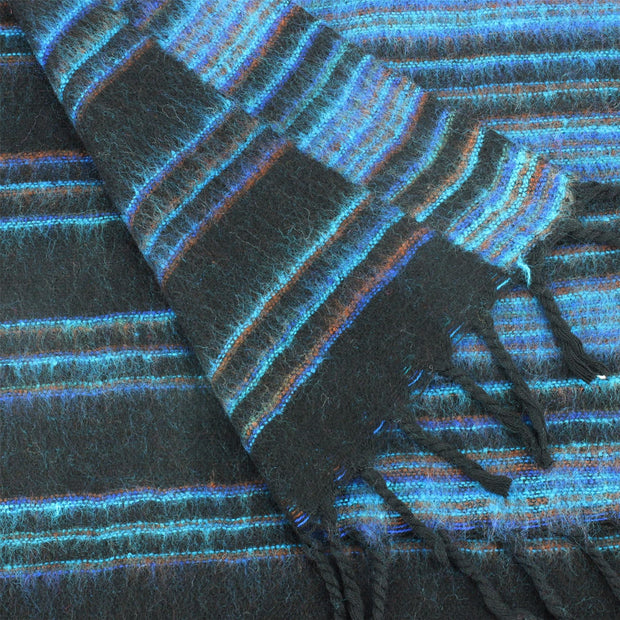 Vegan Wool Shawl Blanket - Stripe - Black Blue