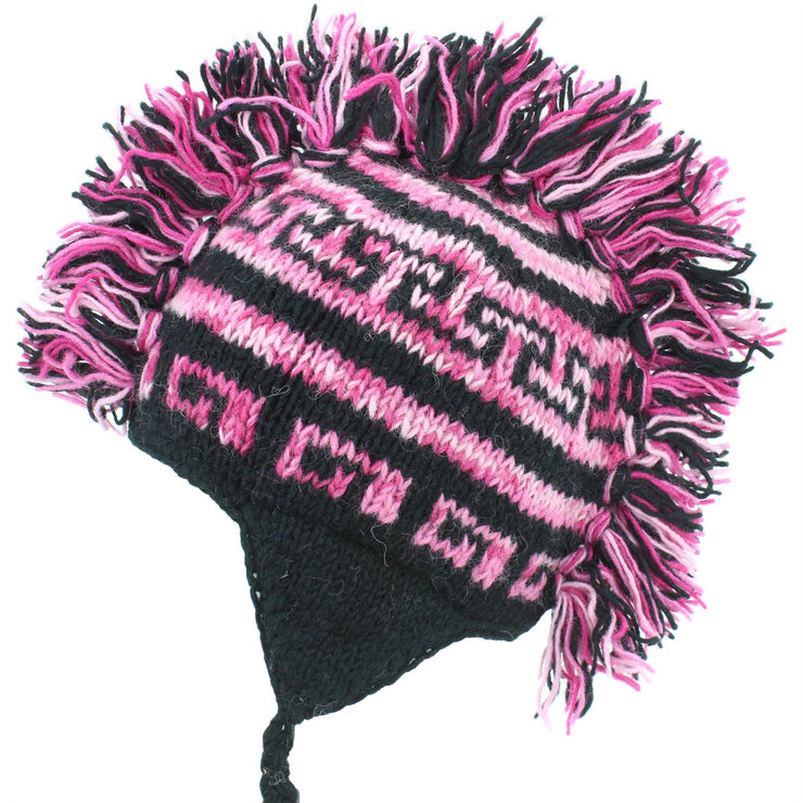 Wool Knit 'Punk' Mohawk Earflap Beanie Hat - Black & Pink SD