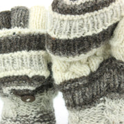 Chunky Wool Fingerless Shooter Gloves - Striped Mixed Knits - Grey Cream