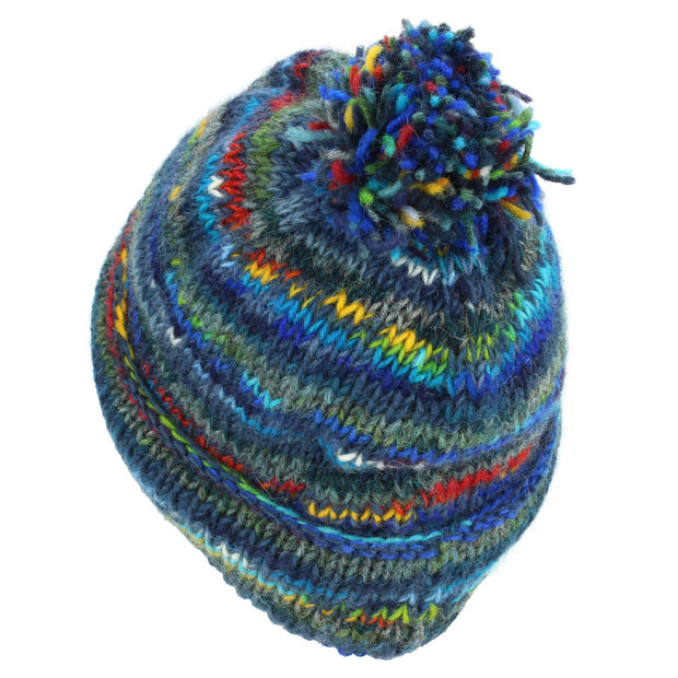 Chunky Wool Knit Beanie Bobble Hat - SD Dark Blue Mix