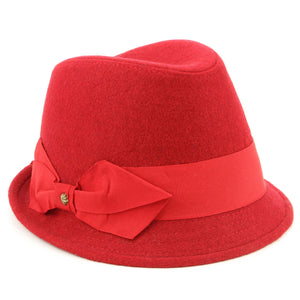 Wool trilby hat with short brim and large side bow - Red (57cm)