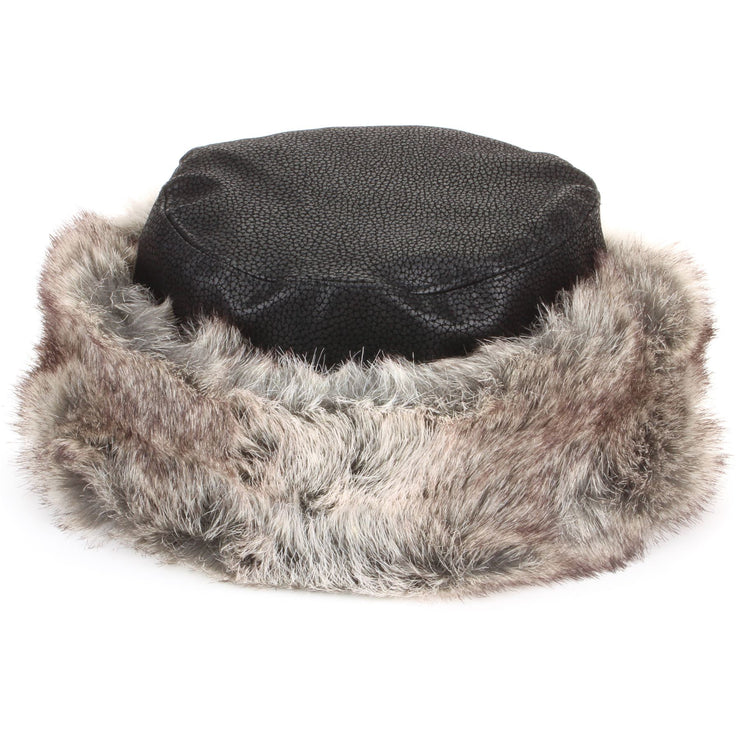 Flat Top Faux Leather Hat with Faux Fur Cuff - Black