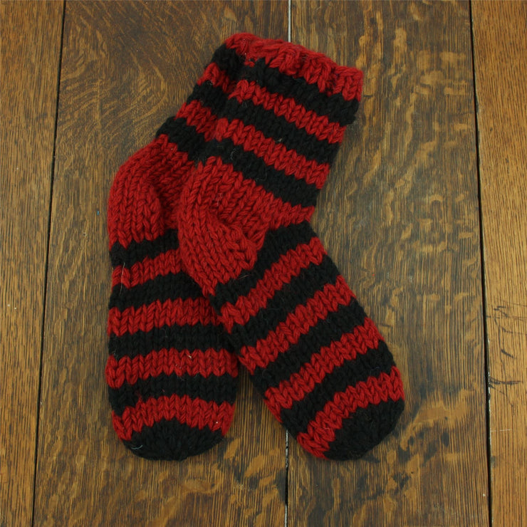 Hand Knitted Wool Ankle Socks - Stripe Red Black