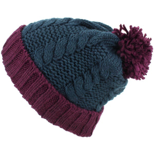 Twist Cable Knit Bobble Hat - Maroon