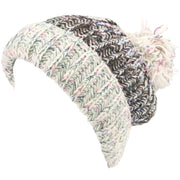 Chunky Wool Knit Baggy Slouch Beanie Hat with Contrast Turn-up and Bobble - Off White