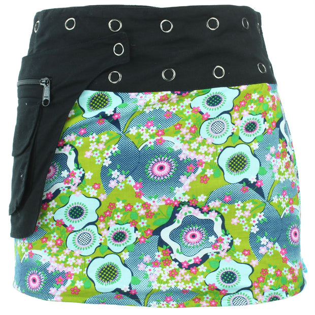 Reversible Popper Wrap Mini Skirt - Green Patch Strips / Floral Oyster